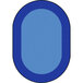 A blue oval rug with a white border.