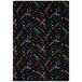 A black rectangular area rug with colorful confetti and ribbons.