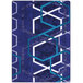 A violet area rug with white double helix lines and geometric shapes.