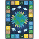 A close-up of a Joy Carpets Kid Essentials One World rectangular area rug with various symbols of people around the earth.