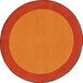A round orange rug with a black border.