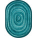 A teal oval rug with a white border and circular designs.