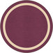 A round beige area rug with a purple center and white border.