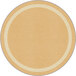 A round beige area rug with a white border.