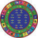 A colorful circular rug with letters and numbers in Spanish.