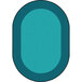 A teal oval shaped rug with a black border.