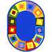 A colorful oval rug with a colorful design in a room.