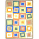 A rectangular area rug with colorful squares in squares.