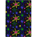 A black rectangle area rug with colorful star patterns.