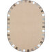 An oval beige rug with a black border.