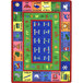 A multi-colored rectangular area rug with white text and colorful letters and numbers.