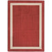 A rectangular wine red area rug with a beige border.