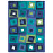 A close-up of a Joy Carpets violet rectangular area rug with blue, green, and white squares and squares on it.