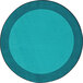 A teal round area rug with a blue circle and black border.
