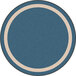 A white round area rug with a blue circle and white border.