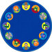 A multi-colored round rug with animals on it.