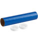 A blue plastic tube and two white plastic caps.