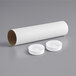 A white Lavex mailing tube with several white caps and round white discs.