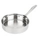 A silver stainless steel Vollrath saute pan with a handle and lid.