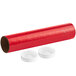 A red plastic tube with two white plastic caps.