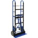 A blue and black Vestil appliance hand truck with wheels and a handle.