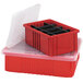 A red plastic Quantum storage container with black long dividers.