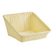 A white woven plastic rattan basket with a slanted design.