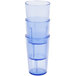 A stack of blue Cambro plastic tumblers.