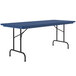 A blue rectangular Correll R-Series plastic folding table with black legs.