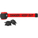 A red and black Banner Stakes wall mount barrier with a red and black belt with black text.