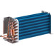 A close-up of a copper tube heat exchanger with blue accents.