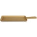 A tan rectangular Elite Global Solutions Rattan melamine serving board with a handle.