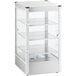 A white glass cabinet with shelves.