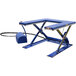A blue scissor lift table with a black cord attached to it.