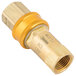 A gold T&S brass gas hose quick disconnect fitting.