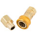 A close-up of a T&S Safe-T-Link gold and silver gas hose connector.