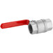 A stainless steel ball valve with a red handle.