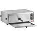 A silver stainless steel rectangular countertop pizza oven with a door open.