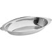 A stainless steel oval au gratin dish with a handle.
