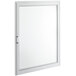 A white rectangular door with a glass window and a silver handle.