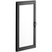 A black metal door with a rectangular glass window and white door handle.