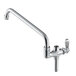 A chrome 12" pre-rinse swing spout add-on faucet with a handle and a hose.