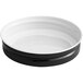 A white bowl with a black and white 70/450 Black Metal Lid with Plastisol Liner on it.