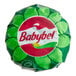 A green and white plastic package of Babybel vegan plant-based cheese with a round green and red wrapper.