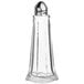 A clear glass cone-shaped salt shaker with a metal top.