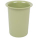 A sage green melamine flatware cylinder with a white background.