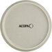 An Acopa Pangea white matte coupe porcelain plate with black text on the surface.