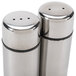 A set of two stainless steel American Metalcraft salt and pepper shakers.