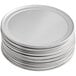 A stack of aluminum wide rim pizza pans.