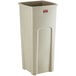 A beige Rubbermaid square trash can with a lid.